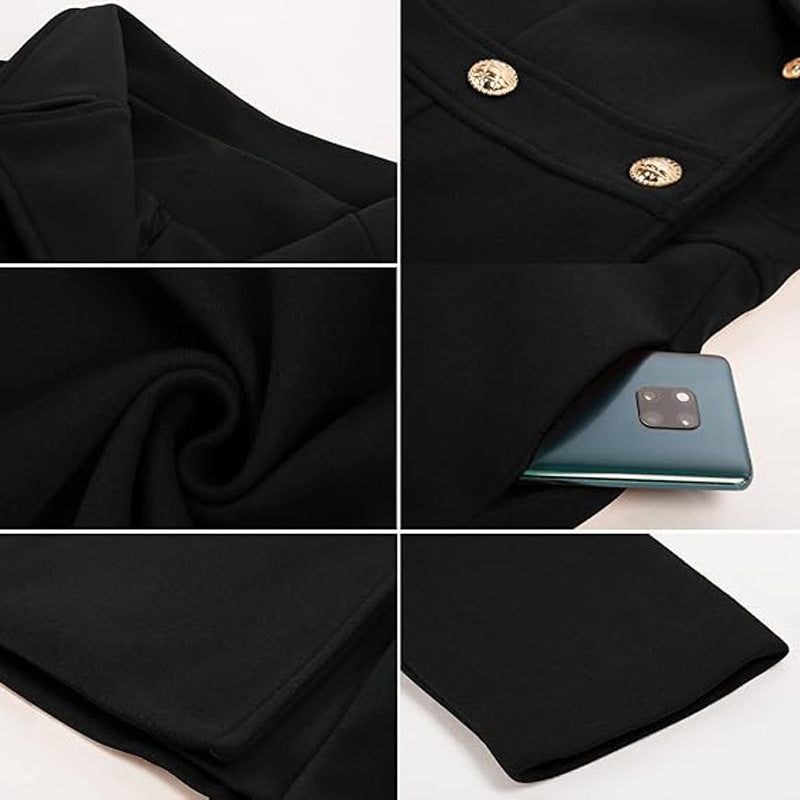 Women Fall and Winter Turndown Collar Double-Breasted Pocket Windbreaker 24