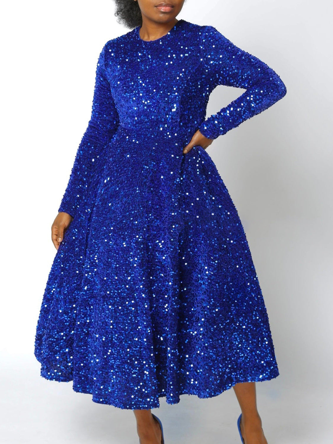 Women Round Neck Long Sleeve Solid Sequin Dress 9
