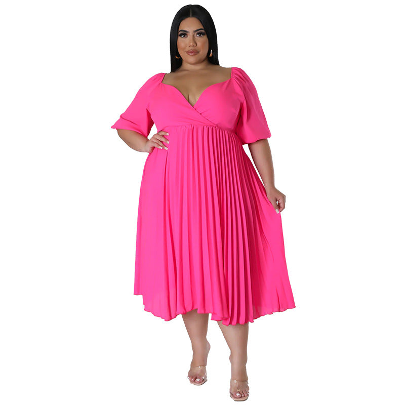 Women's V Neck Hem Pleated Short Sleeves Plus Size Dress 11