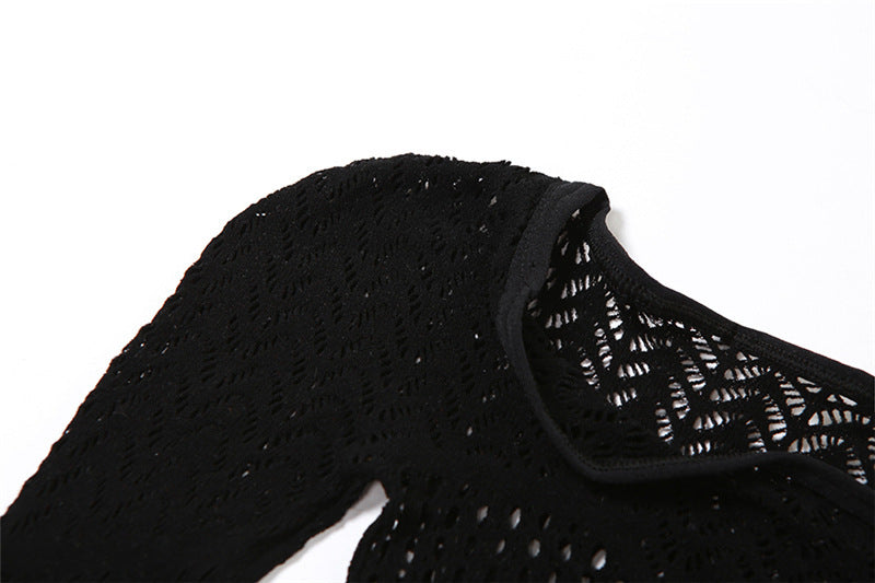 Spring Solid Round Neck Long Sleeve Sexy See-Through Mesh Jumpsuit 12