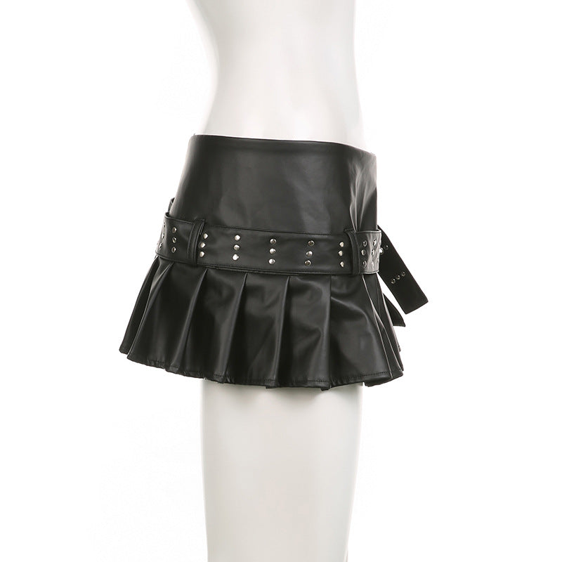 Punk rivet belt slit leather skirt fashion street sexy low waist a-line pleated skirt 10