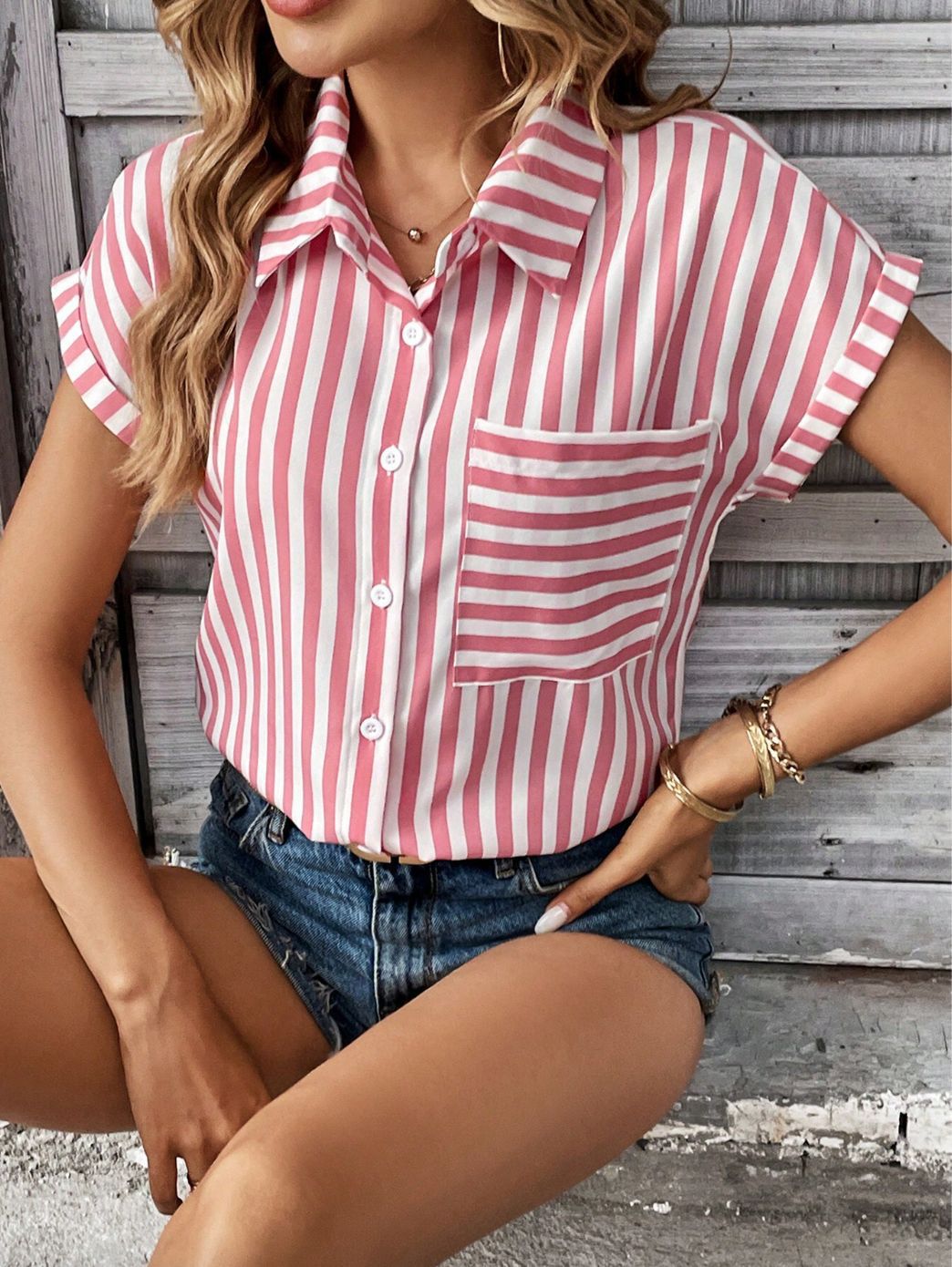 Summer V-Neck Pocket Striped Printed Shirt 8