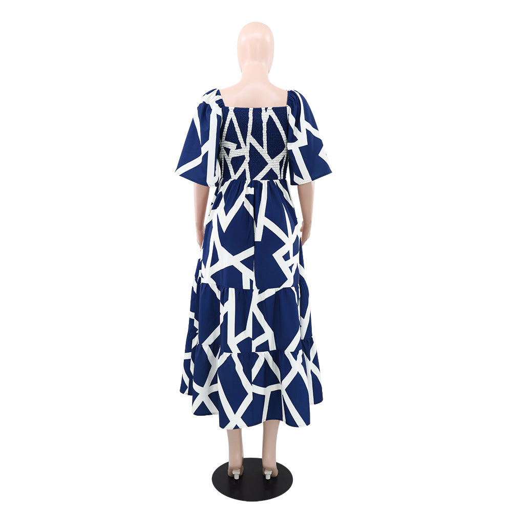 Pleated Printed Summer Short Sleeve Casual Midi Dress 5