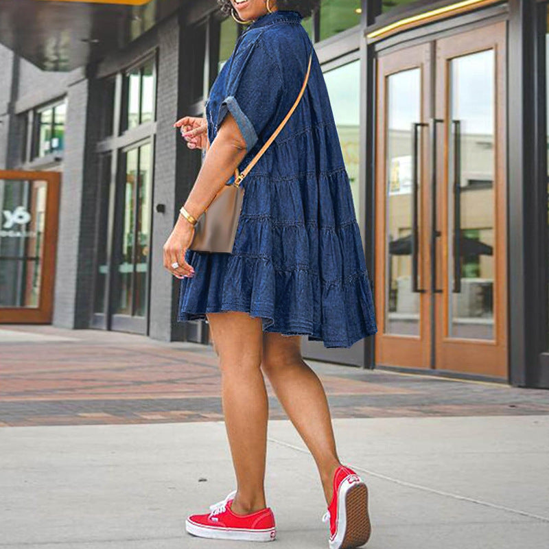 Women Denim Short Sleeve Puff Dress