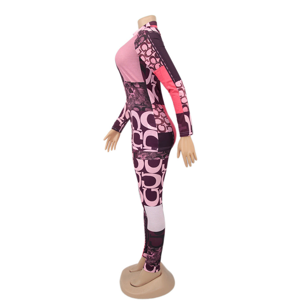 Printed Women's High Neck Long Sleeve Casual Two Piece Pants Set 6