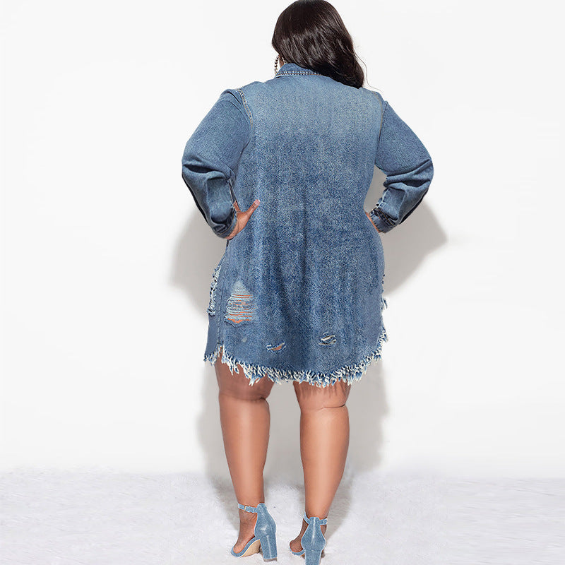 Plus Size Women Tassel Ripped Long Sleeve Dress 4