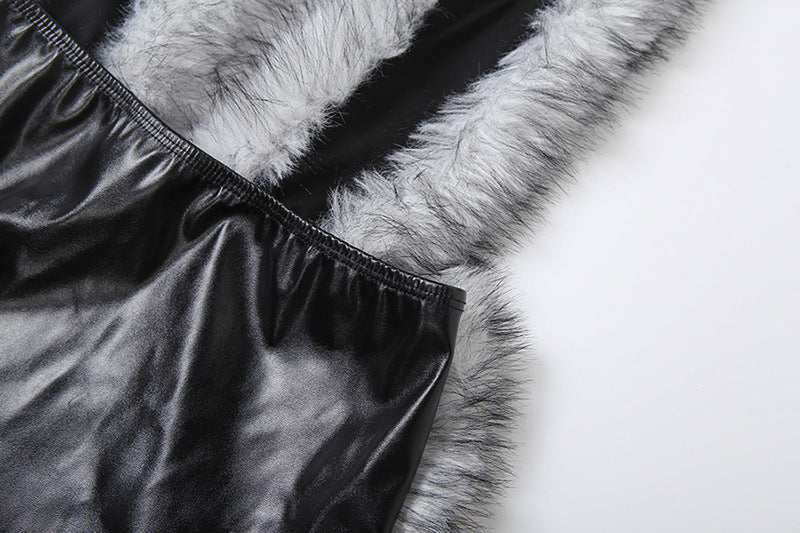 Women's Autumn Winter Fashion Sexy Faux Fur Patchwork Pu Leather Halter Neck Deep V-Neck Dress 15