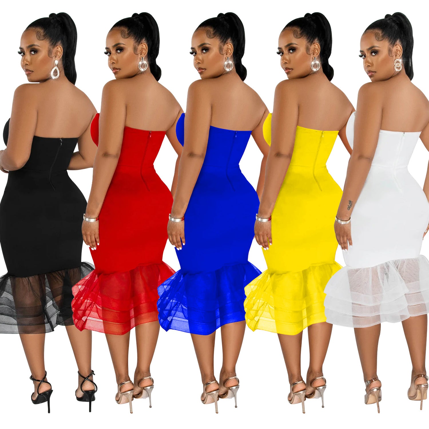 Women's Solid Color Sexy Strapless See-Through Mesh Bodycon Dress 8