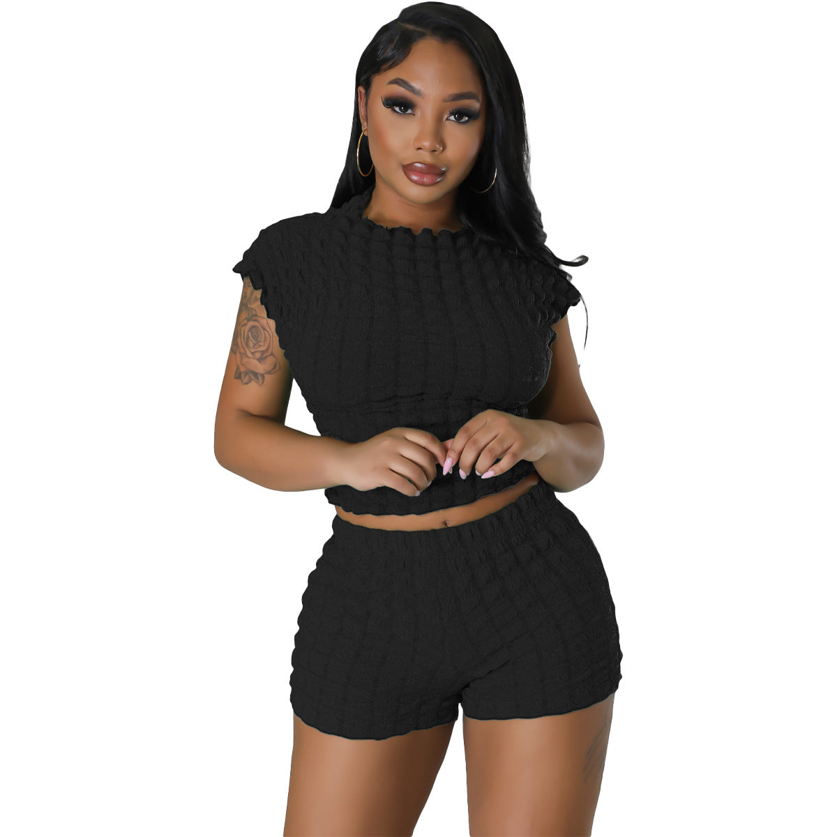 Women Casual Popcorn Sleeveless Top Short Two-Piece Set 7