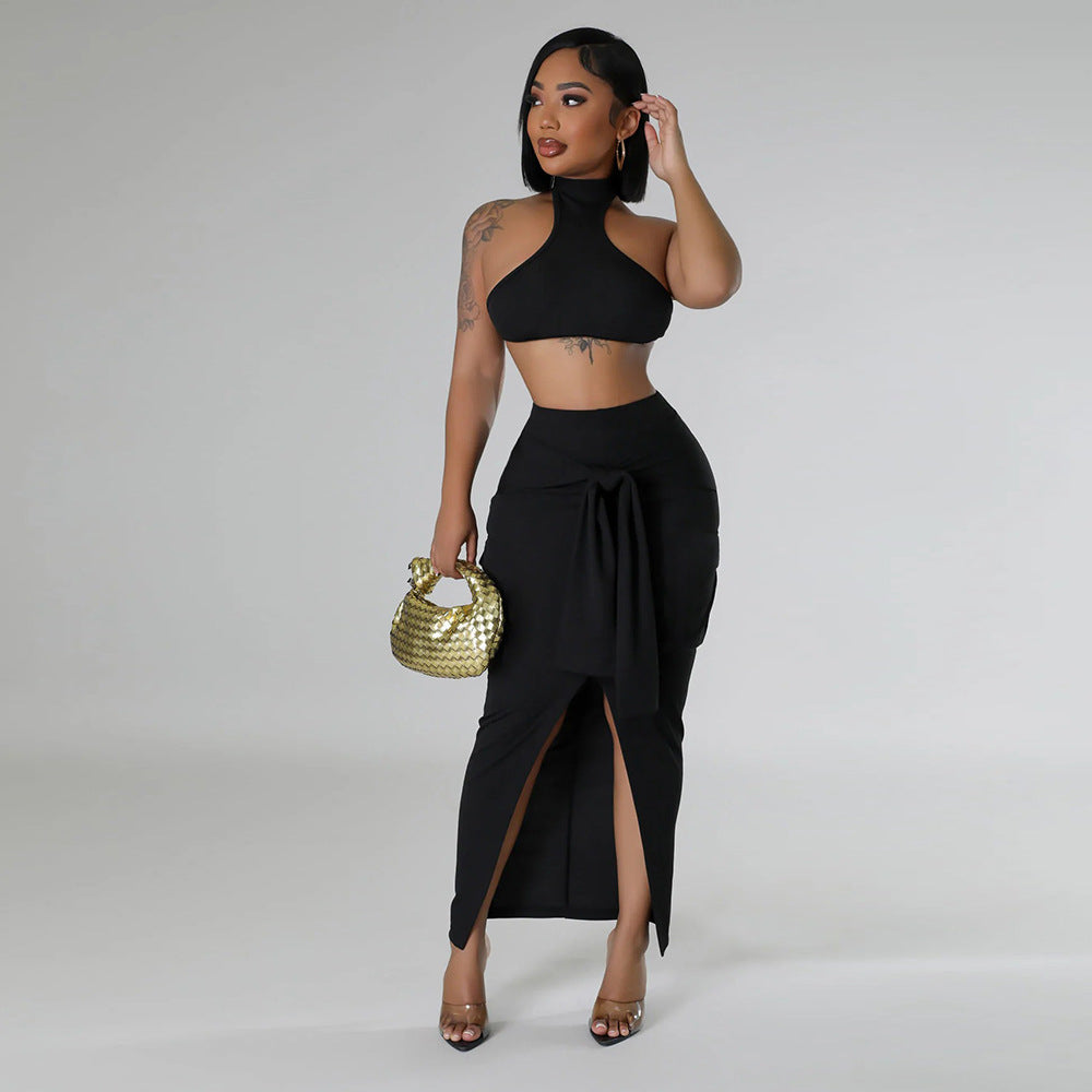 Fashion casual summer solid color sleeveless halter backless two piece skirt set 12