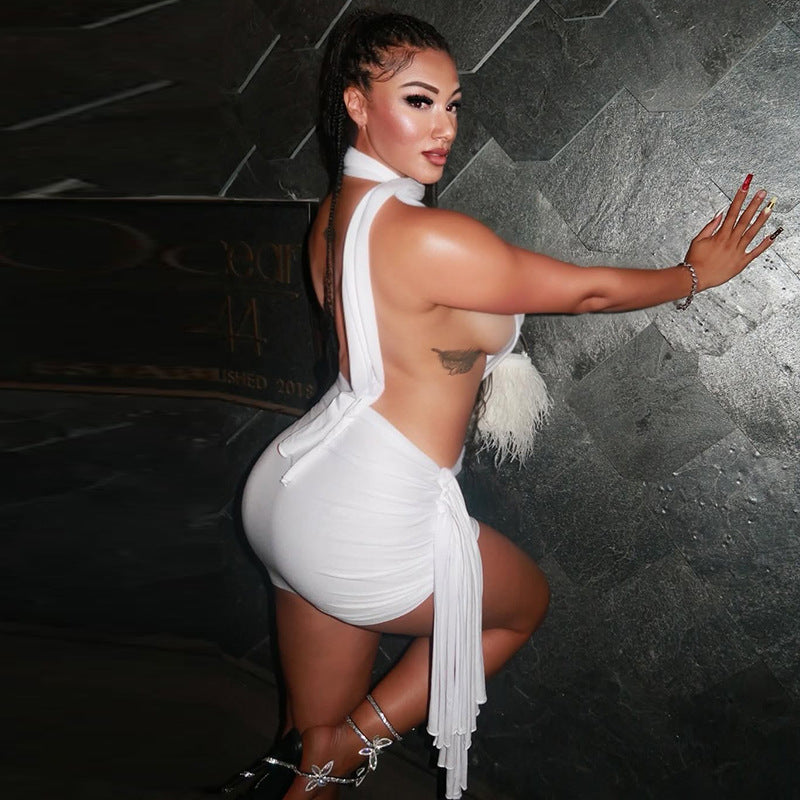 Women patchwork backless solid bodycon lace-up asymmetrical pleated dress 6