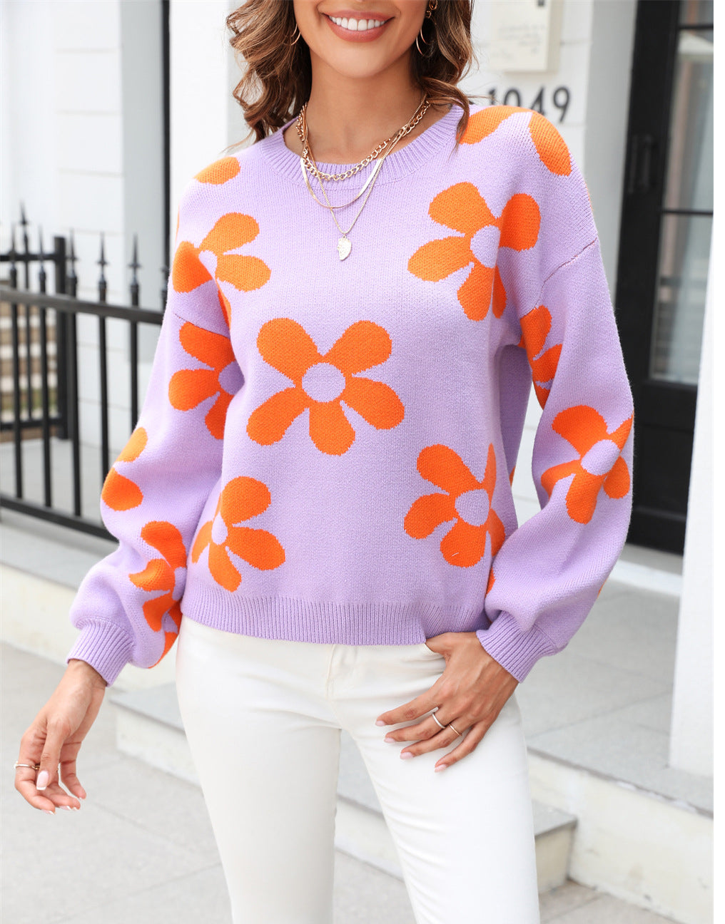 Autumn and winter women's printed sweater pullover flower plus size sweater 55