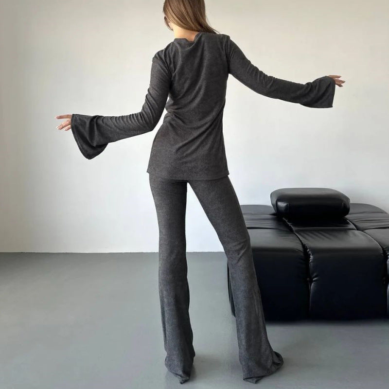 Women Style Knitting Long Sleeve Top And Pants Two-piece Set 4