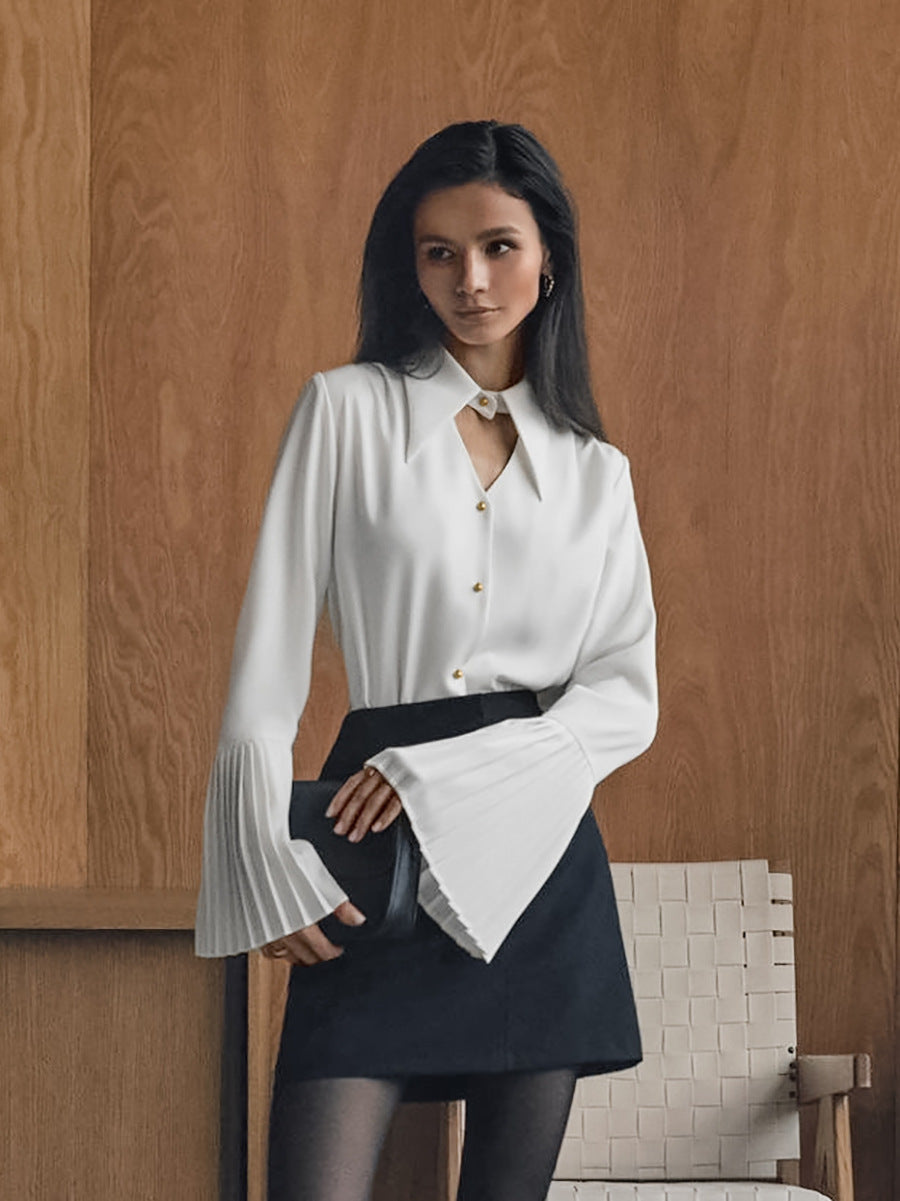 Women white sexy Turndown Collar long-sleeved hollow chiffon shirt 3