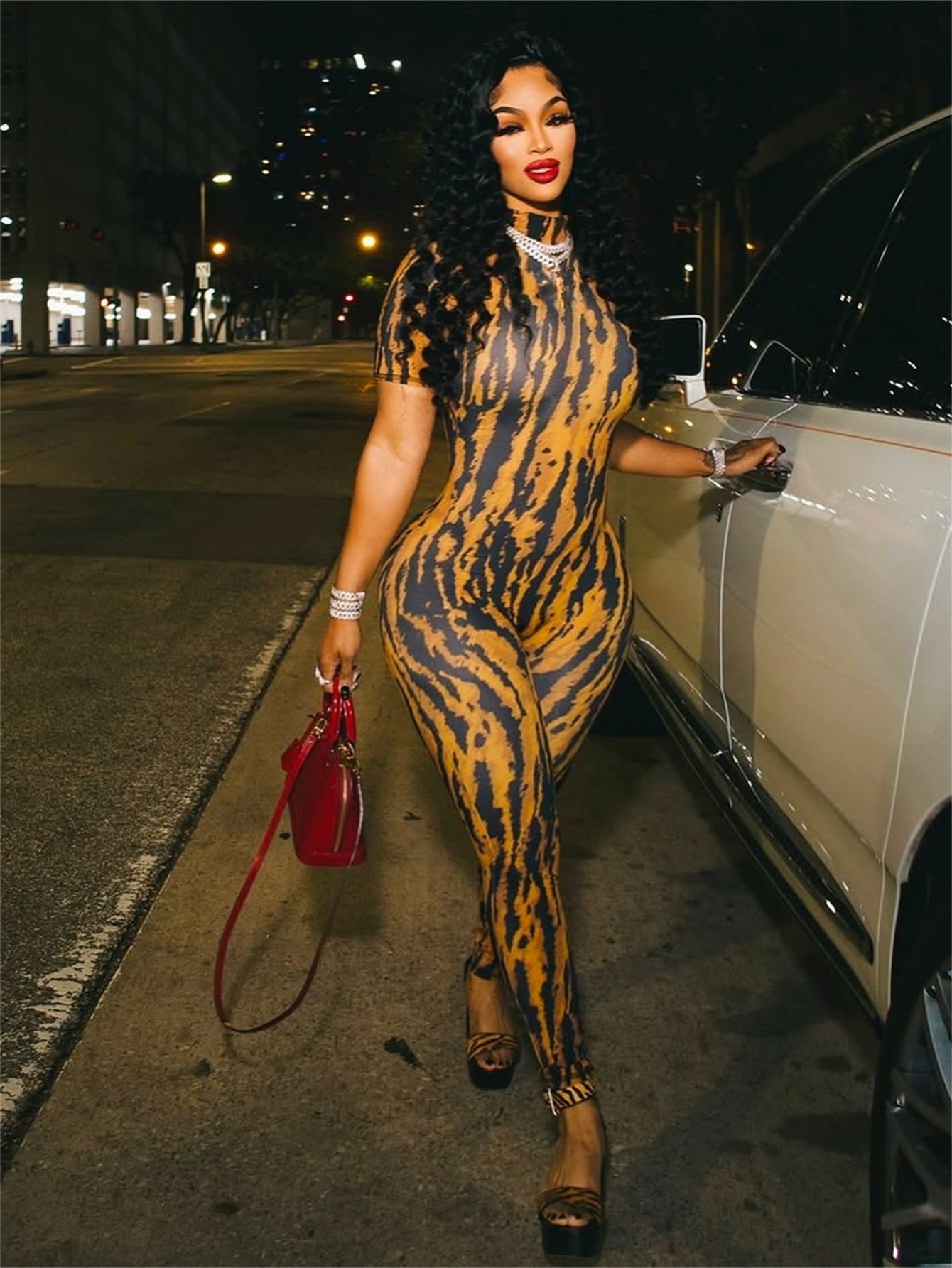 Women's clothing sexy striped print back hollow short sleeve Jumpsuit 4