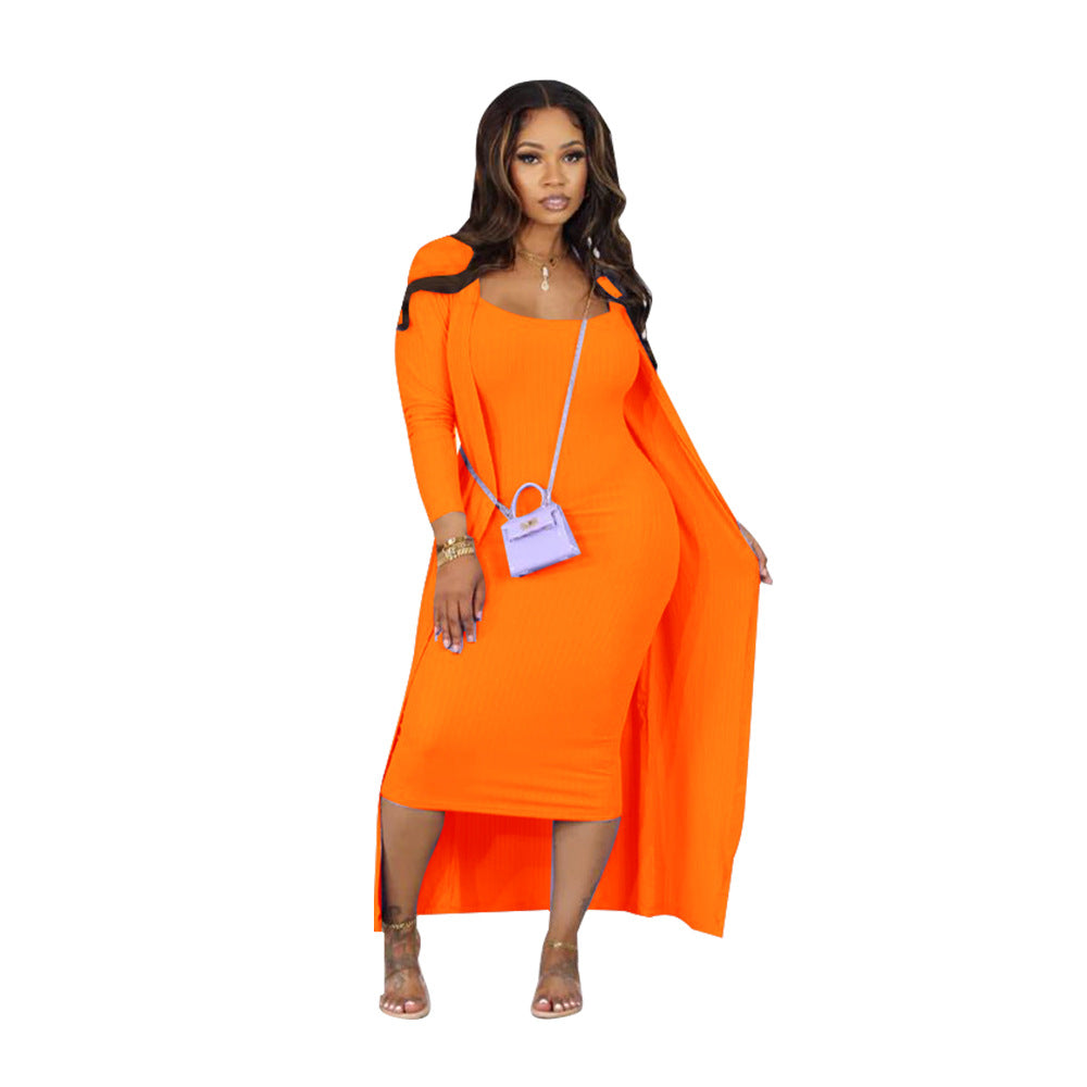 Women Ribbed Long Sleeve Robe and U-neck Suspender Midi Dress Two-piece Set 11