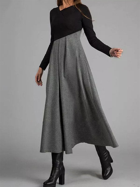 Autumn and Winter Contrast Color V-Neck Long Sleeve Patchwork Swing Dress 6
