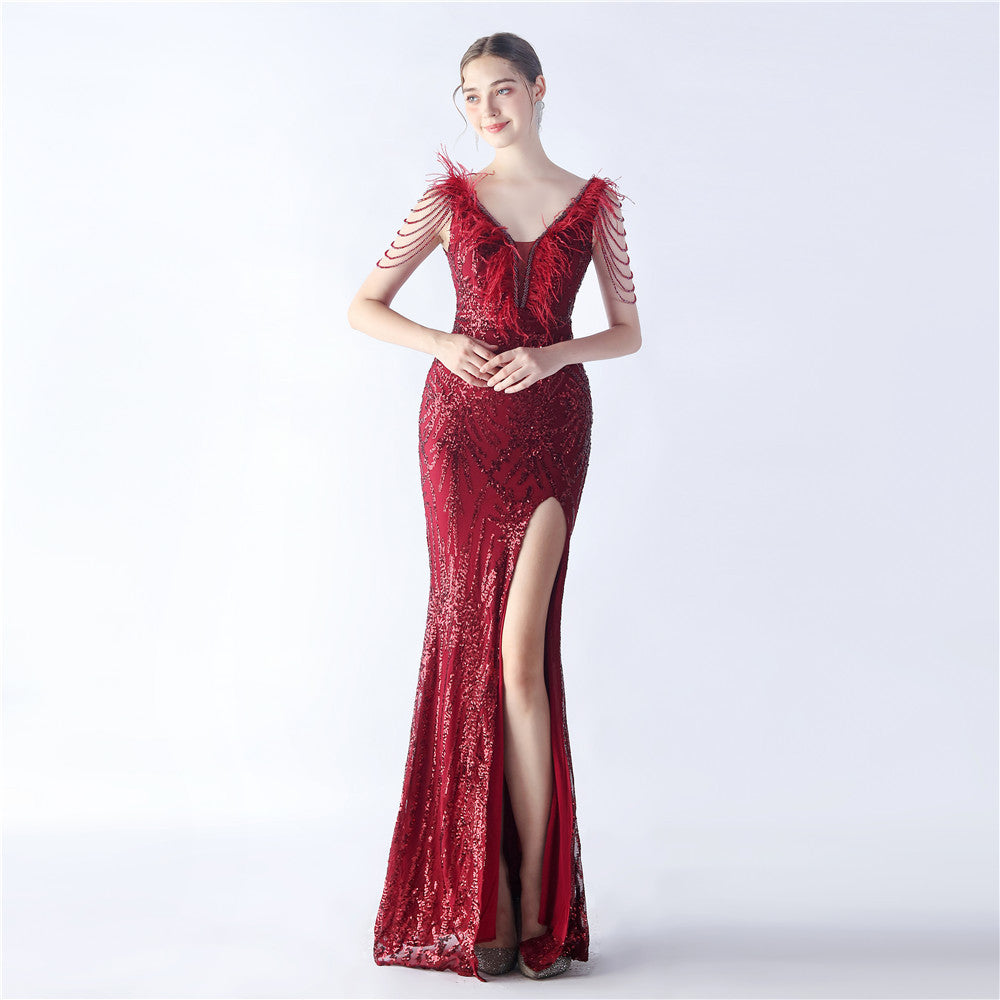 Elegant Feather And Beaded Long Sequined Evening Dress 9