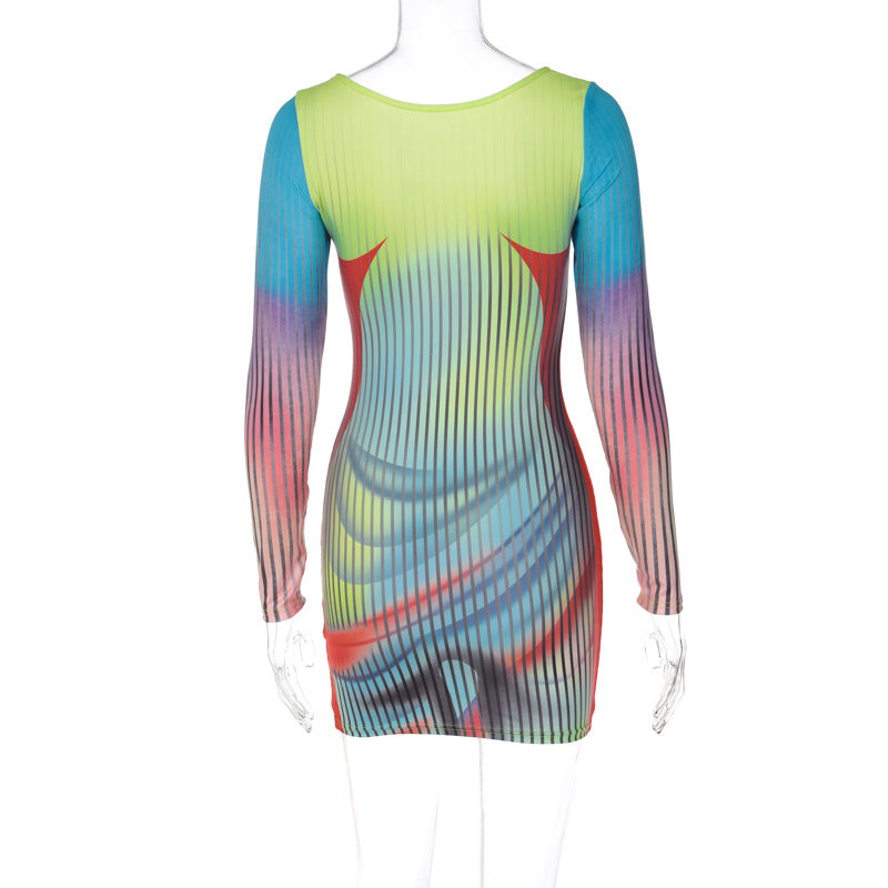 Women's Fall Fashion Print Slim U Neck Long Sleeve Bodycon Dress 6
