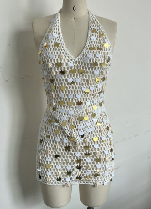 Halter Neck Two-Piece Summer Women's Sexy Low-Back Skirt Set with Shell Decor 9