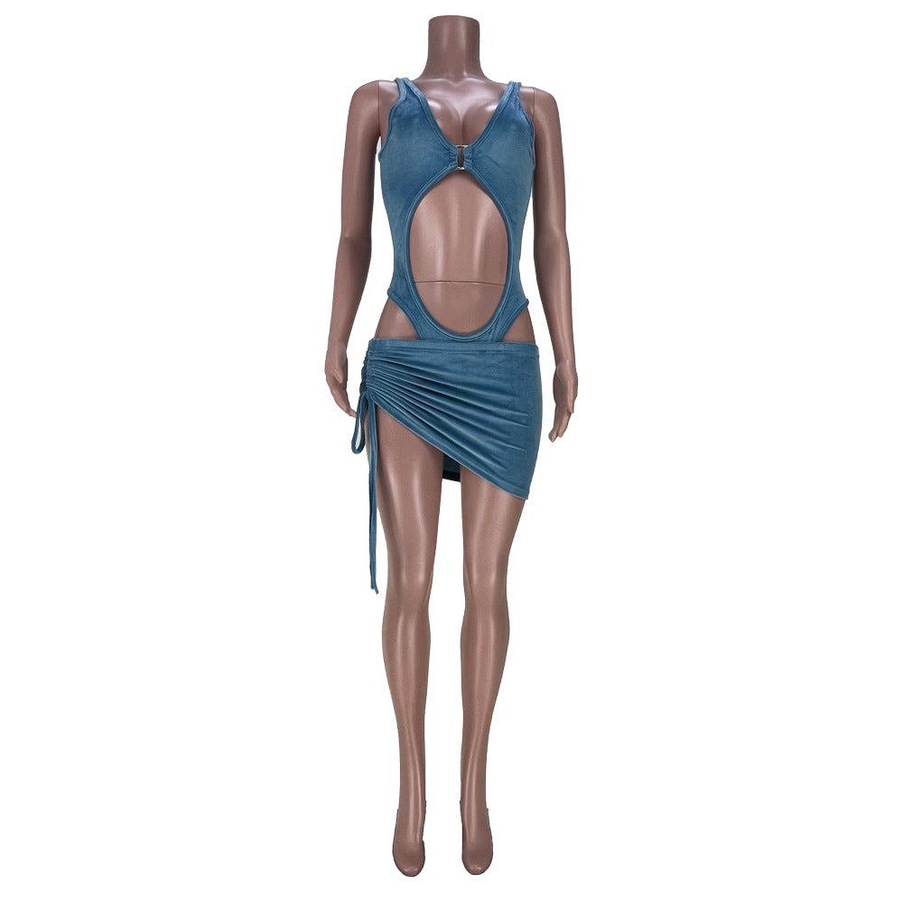 Fashion Casual Women's Velvet Sexy Beach Bodysuit Drawstring Skirt Two Piece Set 22