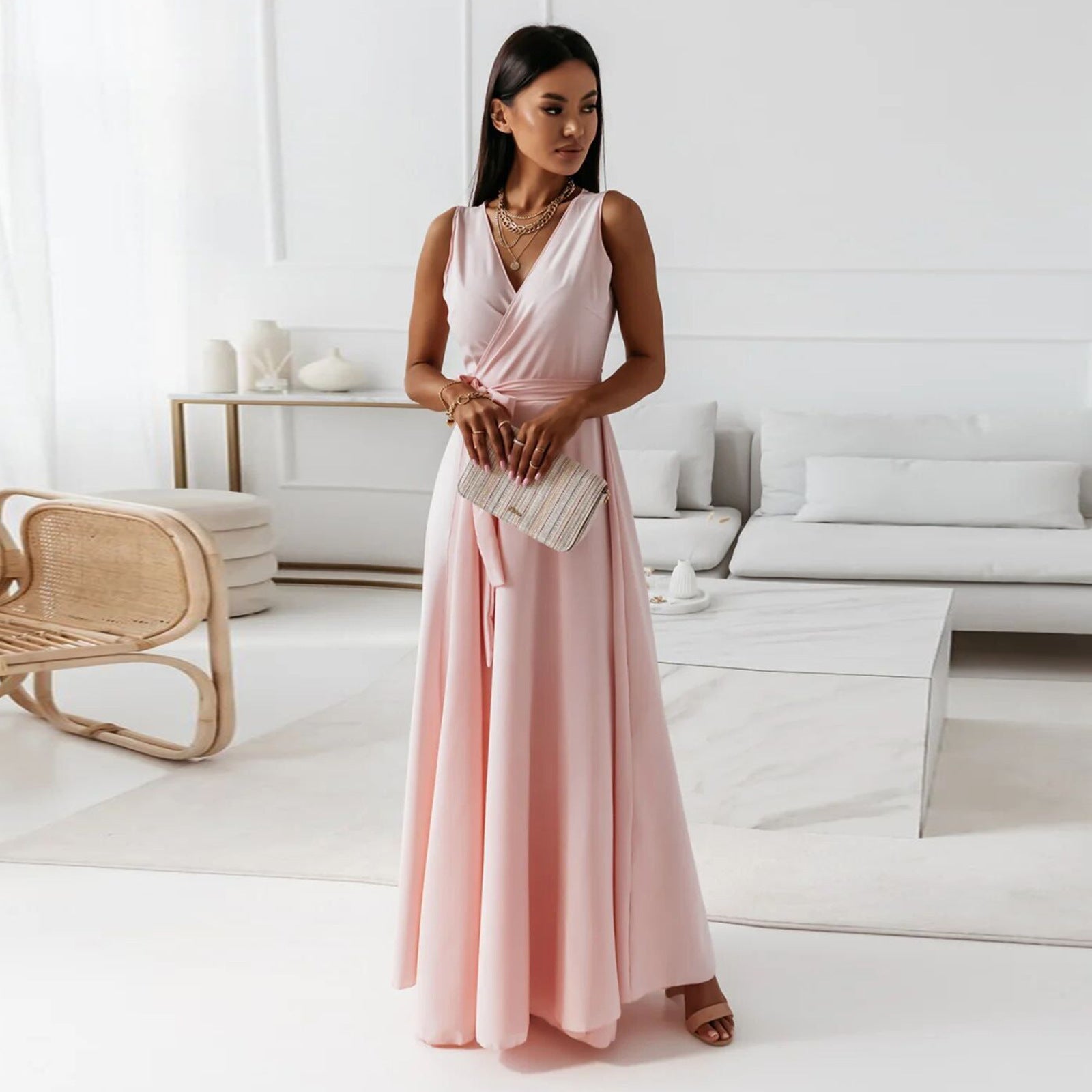 Women Spring Summer Solid v-neck Maxi Dress 11