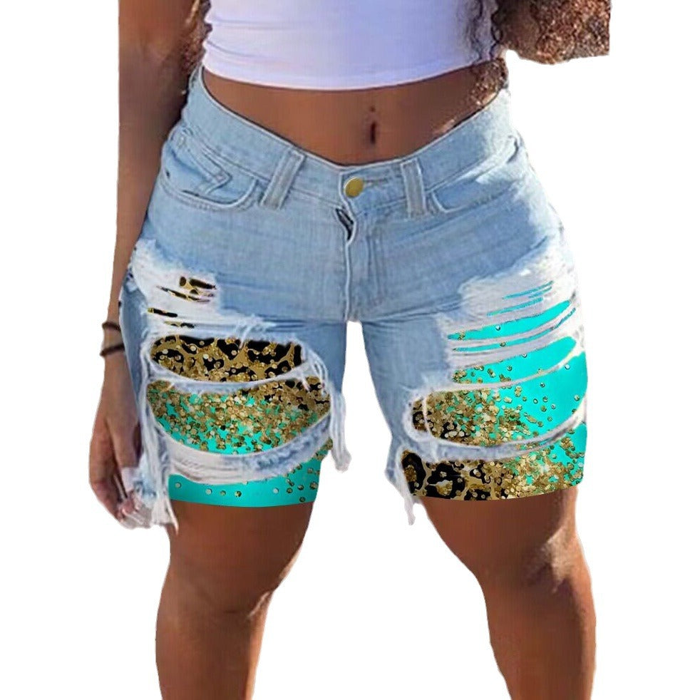 Spring Summer Patched Ripped Mid Women's Denim Shorts 14