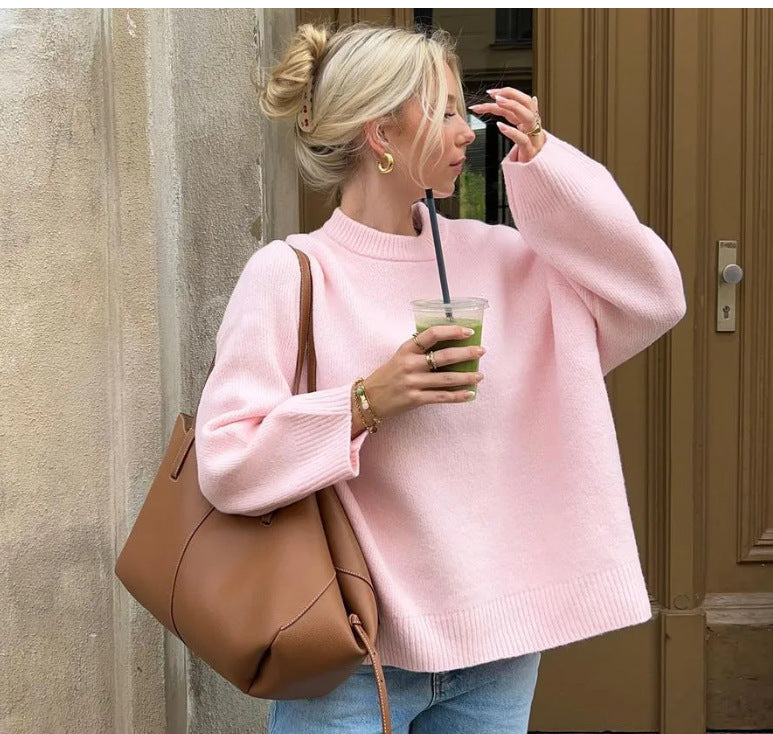 Women Loose-Cut Winter Pink Round Neck Casual Sweater 5