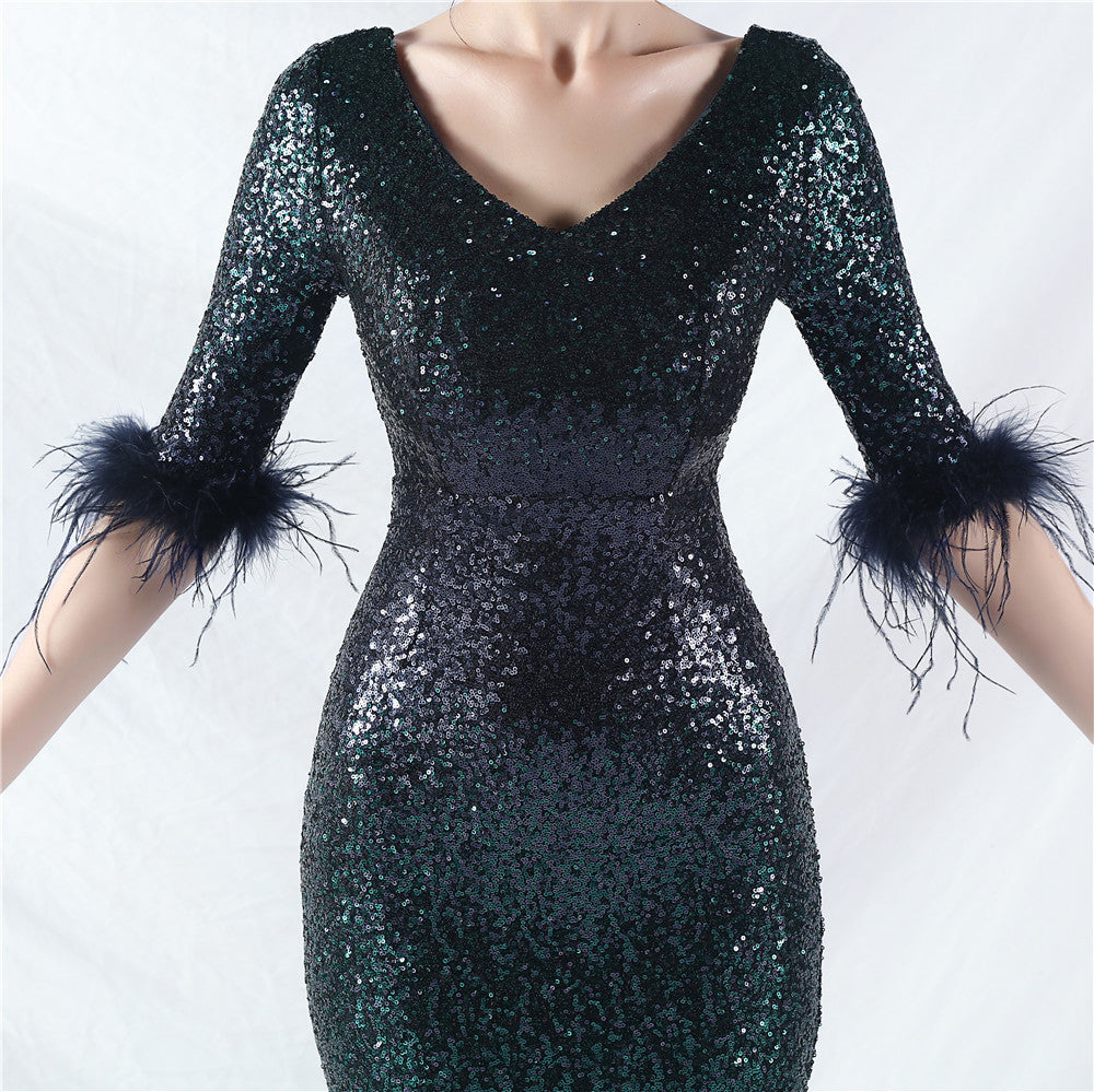 Elegant V-Neck Short Lseeve Sequins Mermaid Plus Size Formal Party Evening Dress 24