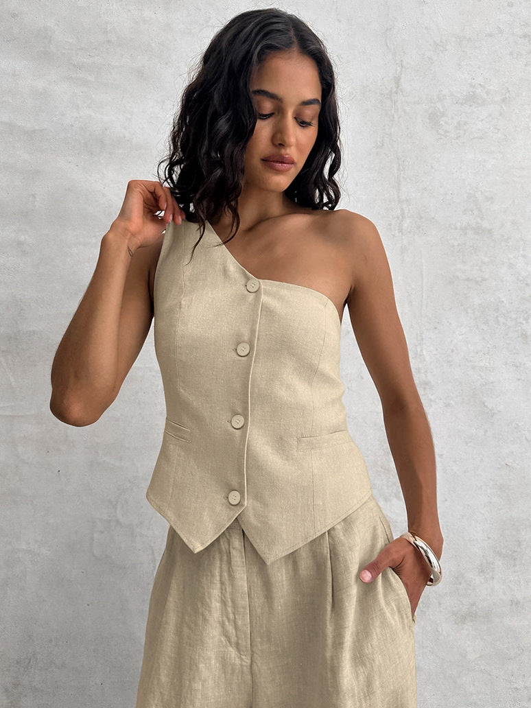 Spring Summer Linen Sleeveless Slash Shoulder Vest Wide Leg Pants Fashionable Two-Piece Set 5