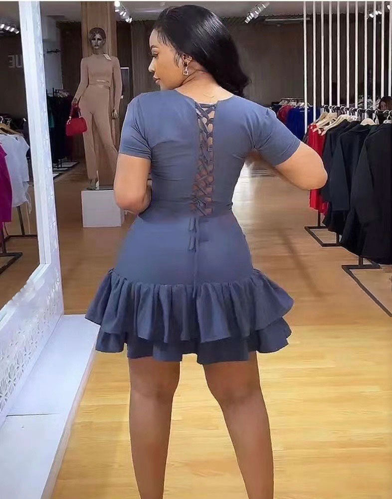 Women Short Sleeve Round Neck Lace-Up Ruffle Bodycon Dress 7