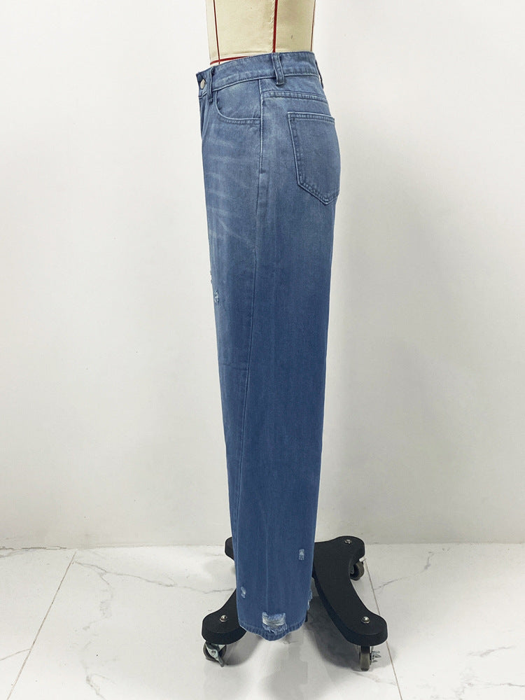 Straight Ripped Denim Pants Women's Summer Wide Leg Jeans 7