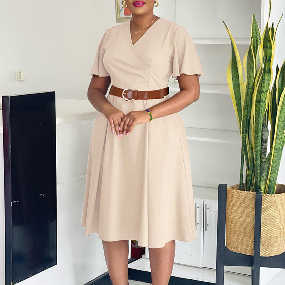 Plus Size Women Elegant Solid V-Neck Bell Bottom Sleeve African Dress 6