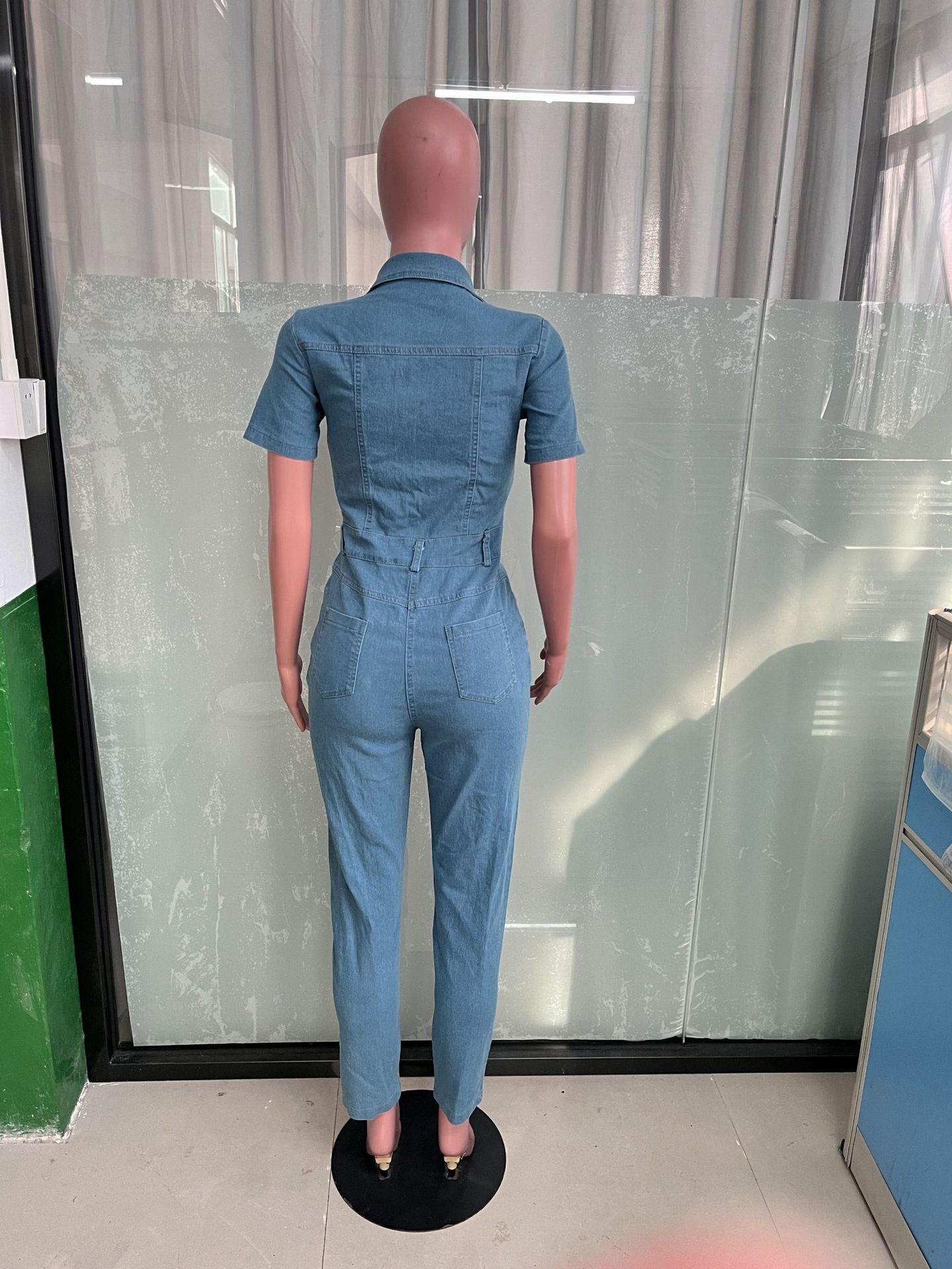 Women Short Sleeve Button Denim Jumpsuit 10