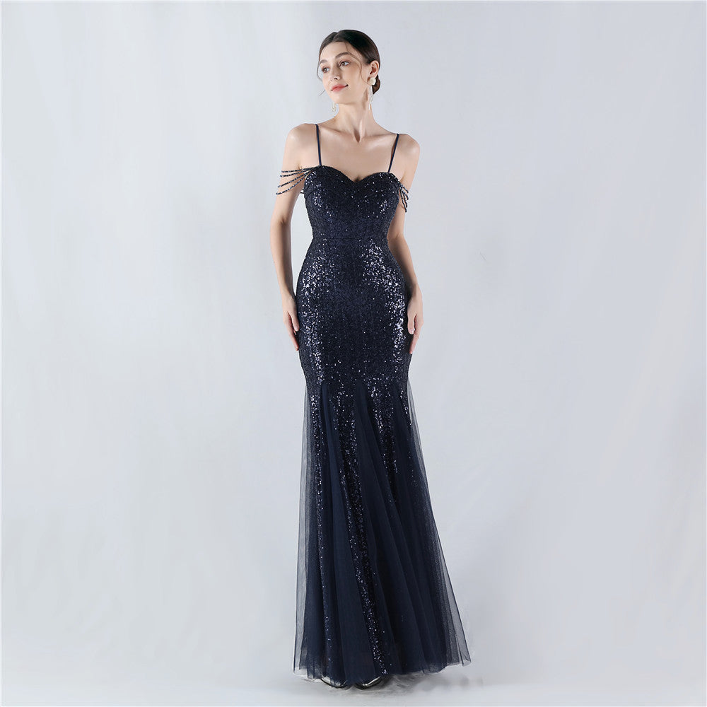 Strap Beading Mesh Sequin Evening Dress 9
