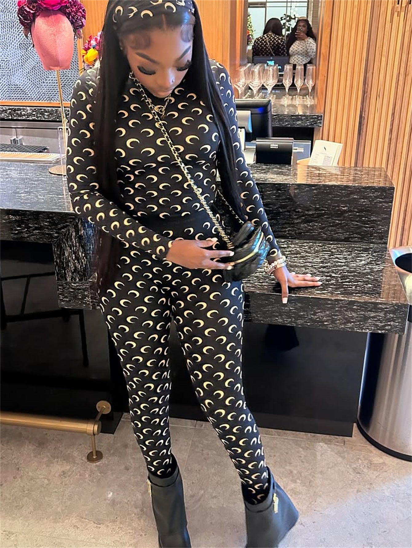 Fashion Printed Tight slim Long Sleeve Two Piece Pants Set 8