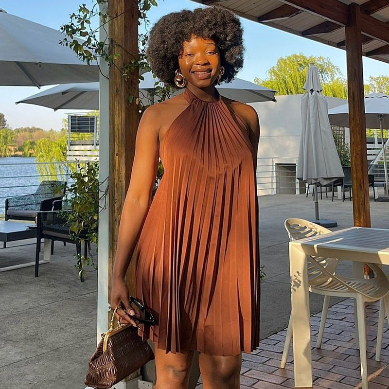 African Women Solid Color Pleated Short Dress 5