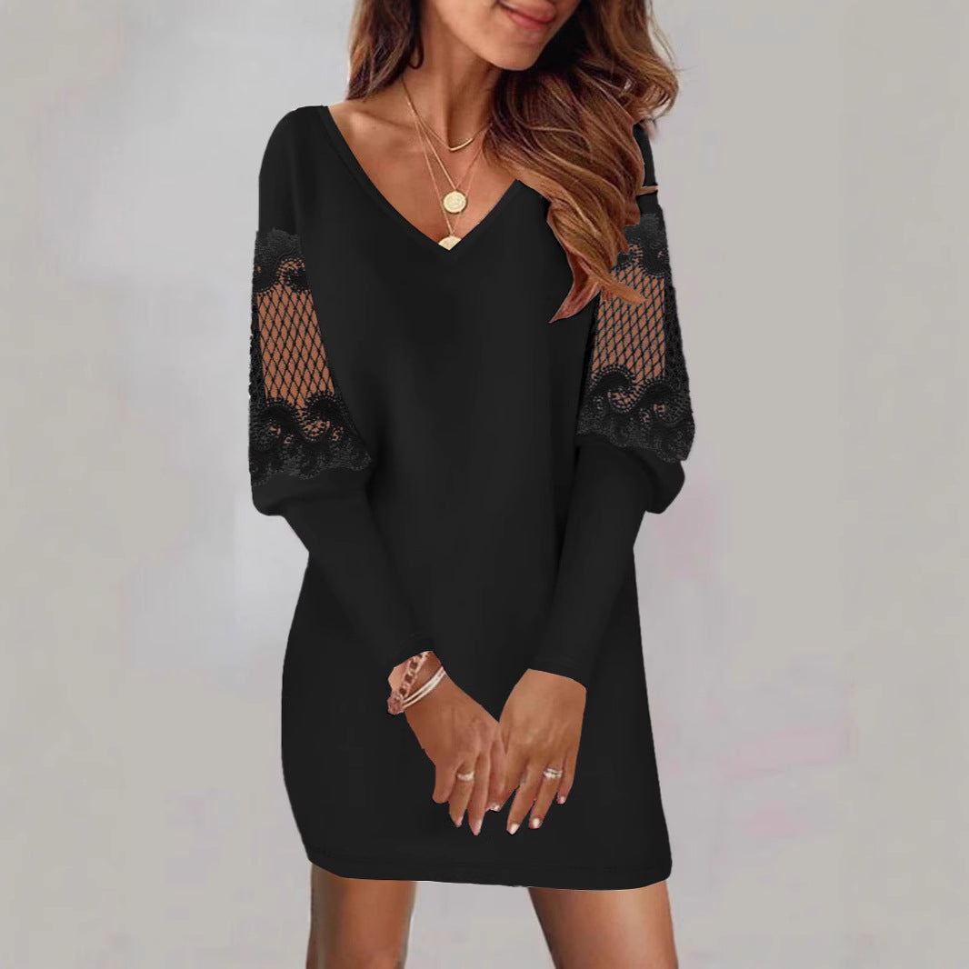 Women long sleeve lace Patchwork V-neck dress