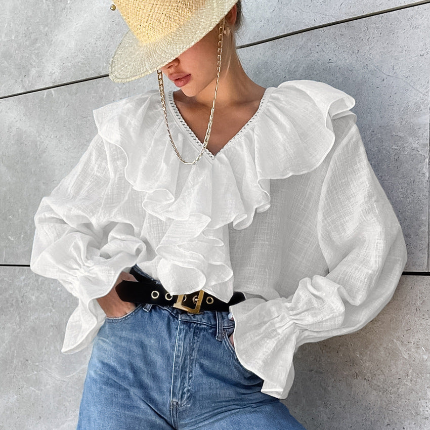 Women Lace Sexy V-Neck Retro Ruffle Shirt 7