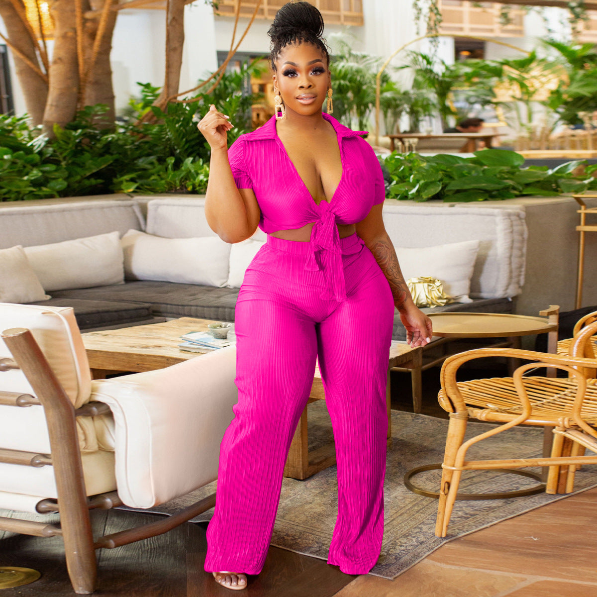 Women Lace-Up Crop Top and Pleated Wide-Leg Pants Two-Piece Set 3