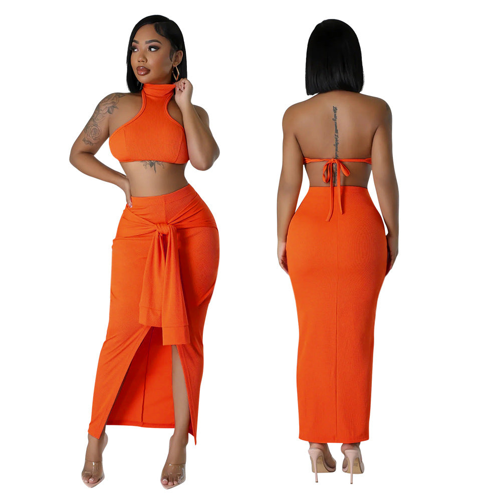 Fashion casual summer solid color sleeveless halter backless two piece skirt set 4