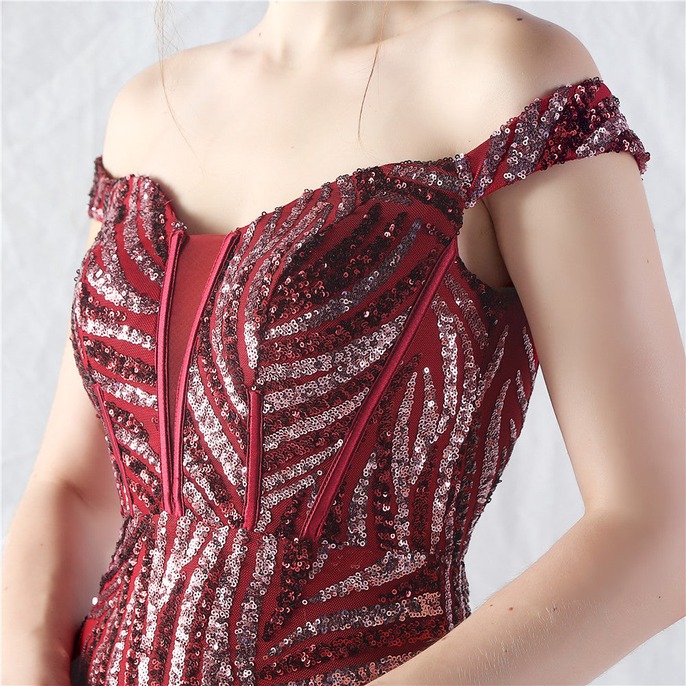Women Off Shoulder Sequins Evening Dress 35