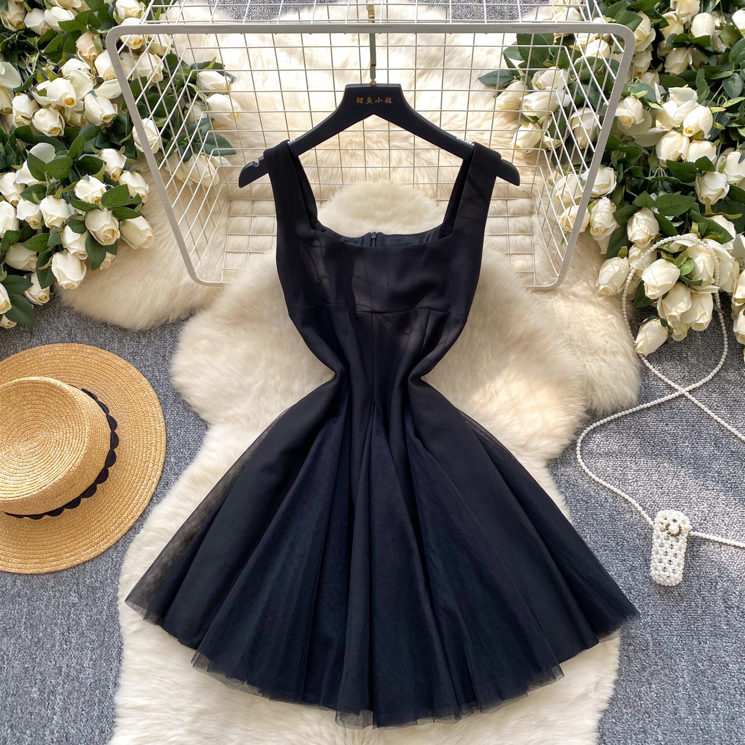 Women's Summer Square Neck Strap Mesh Patchwork Puffy Long Dress 5