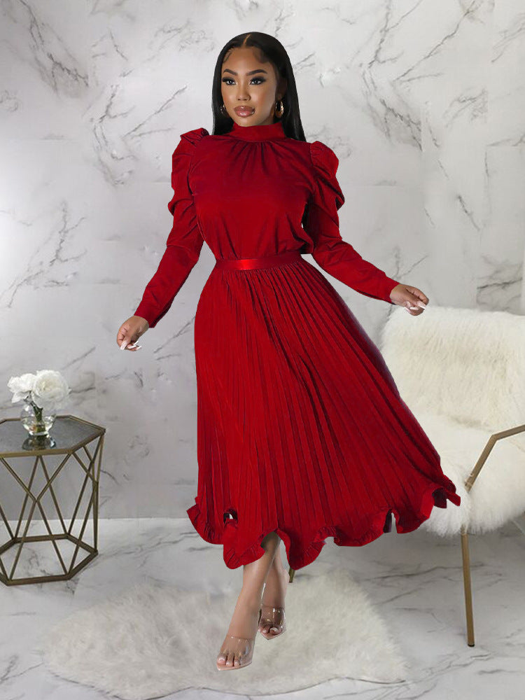 Women's Winter Puff Sleeve Top Ruffled Pleated Skirt Two-Piece Suit 8