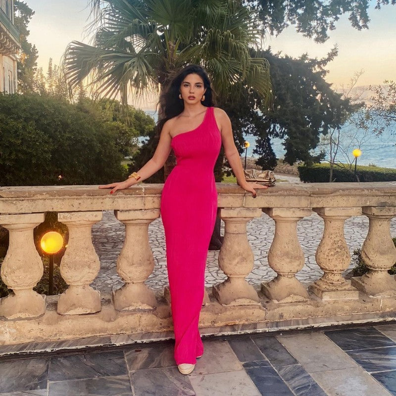 Women Summer Solid Sleeveless One Shoulder Corrugated Maxi Dress 4