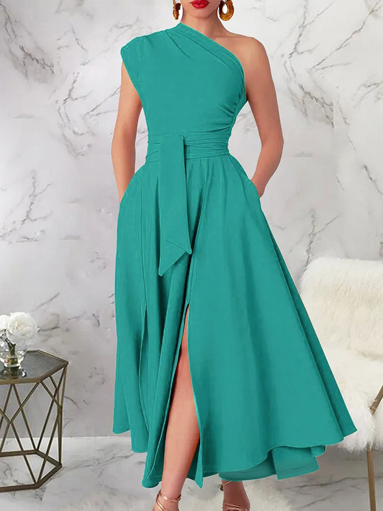 Women's Fashion Elegance Slash Shoulder Slit Solid Color Belt Long Dress 4