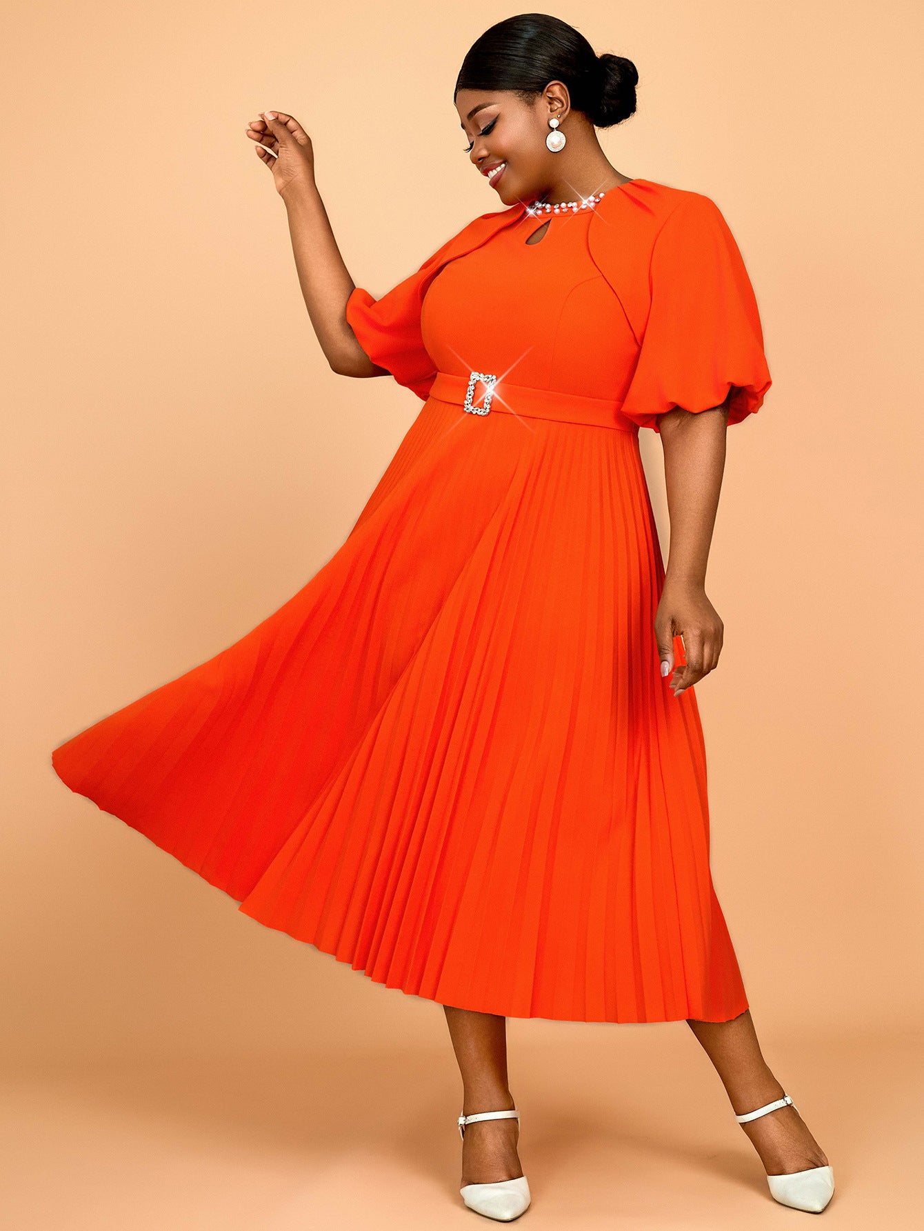 Bright Orange Puff-Sleeve Dress Fashionable Solid Color Party & Career Pleated Dress 8