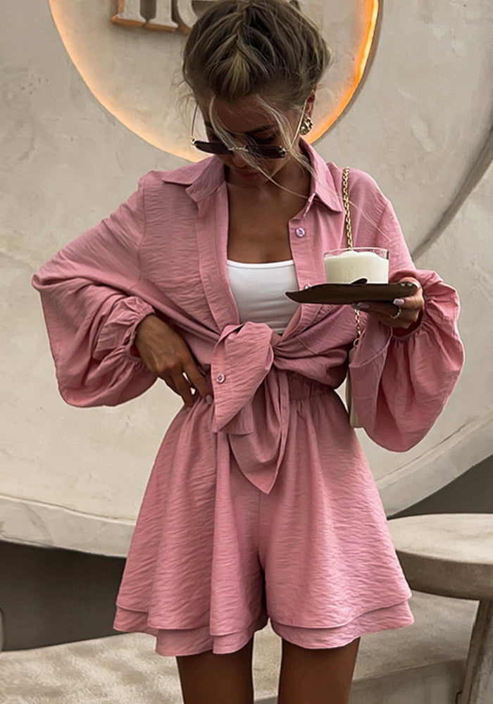 Women Casual Fall Solid Puff Sleeve Shirt and Wide-Leg Shorts Two-Piece Set