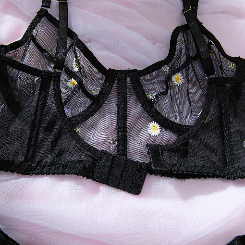 Fashion Black Daisy Embroidered Sexy See-Through Push-Up Lingerie Set 18