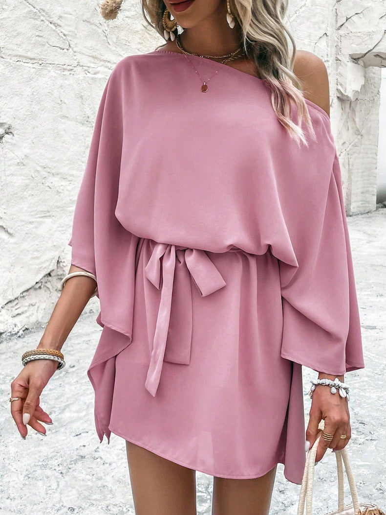 Women Satin Off-shoulder Asymmetrical Dress 24